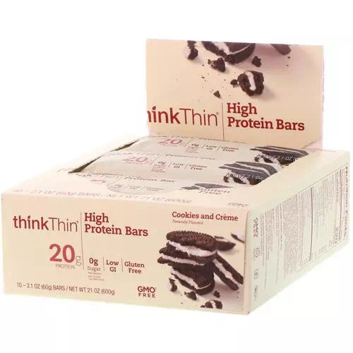 ThinkThin, High Protein Bars, Cookies and Cream, 10 Bars, 2.1 oz (60 g) Each Review