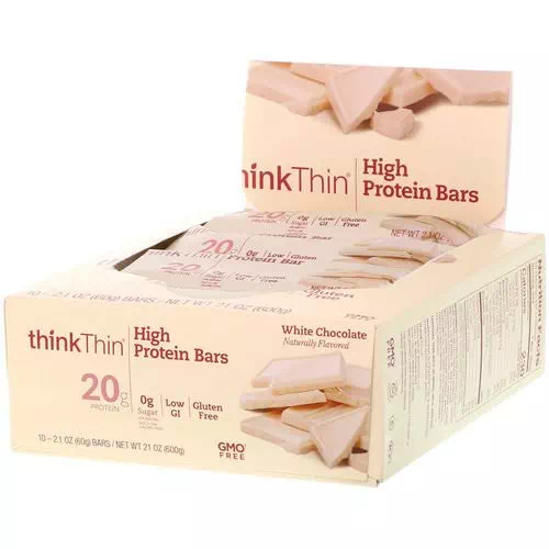 ThinkThin, High Protein Bars, White Chocolate, 10 Bars, 2.1 oz (60 g) Each Review