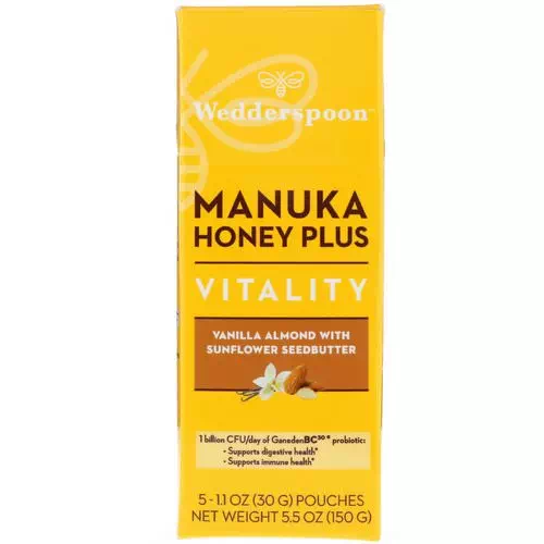 Wedderspoon, Manuka Honey Plus, Vitality, Vanilla Almond with Sunflower Seedbutter, 5 Pouches, 1.1 oz (30 g) Each Review